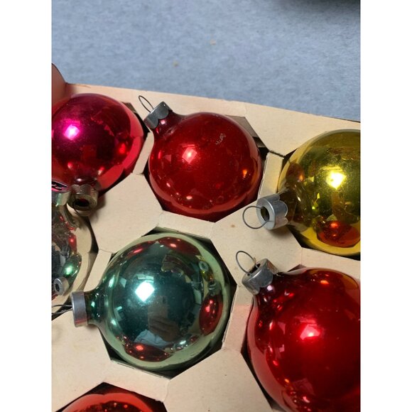 Vintage 12-Piece Glass Christmas Tree Ornaments Set - Red Green Silver Gold Roun - Picture 7 of 10